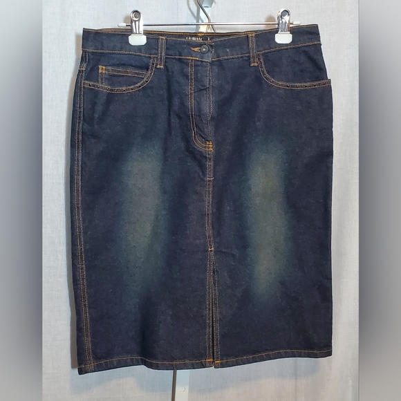 Laundry Dark Wash Blue Denim Zipfly Cotton Blend Skirt with Rhinestones Size 12 - Picture 1 of 15